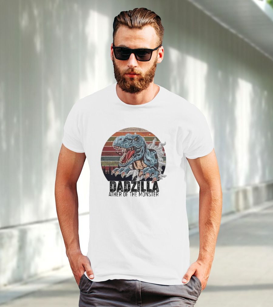Dadzilla Ather Of The Monster Vintage Dinosaur Retro Stripes T-Shirt