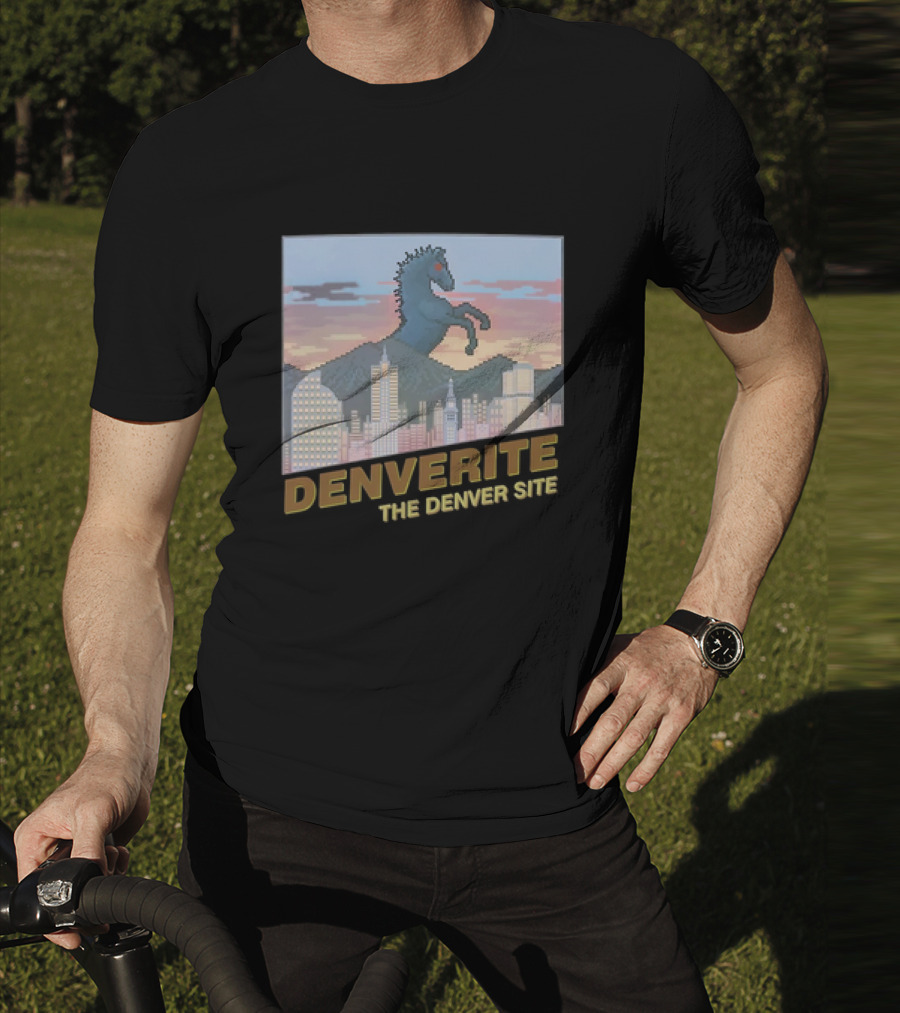 Denverite The Denver Site City Skyline And Rearing Blue Mustang T-Shirt