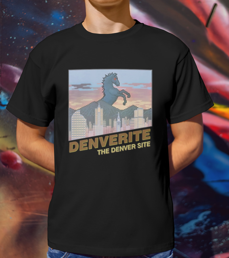 Denverite The Denver Site City Skyline And Rearing Blue Mustang T-Shirt