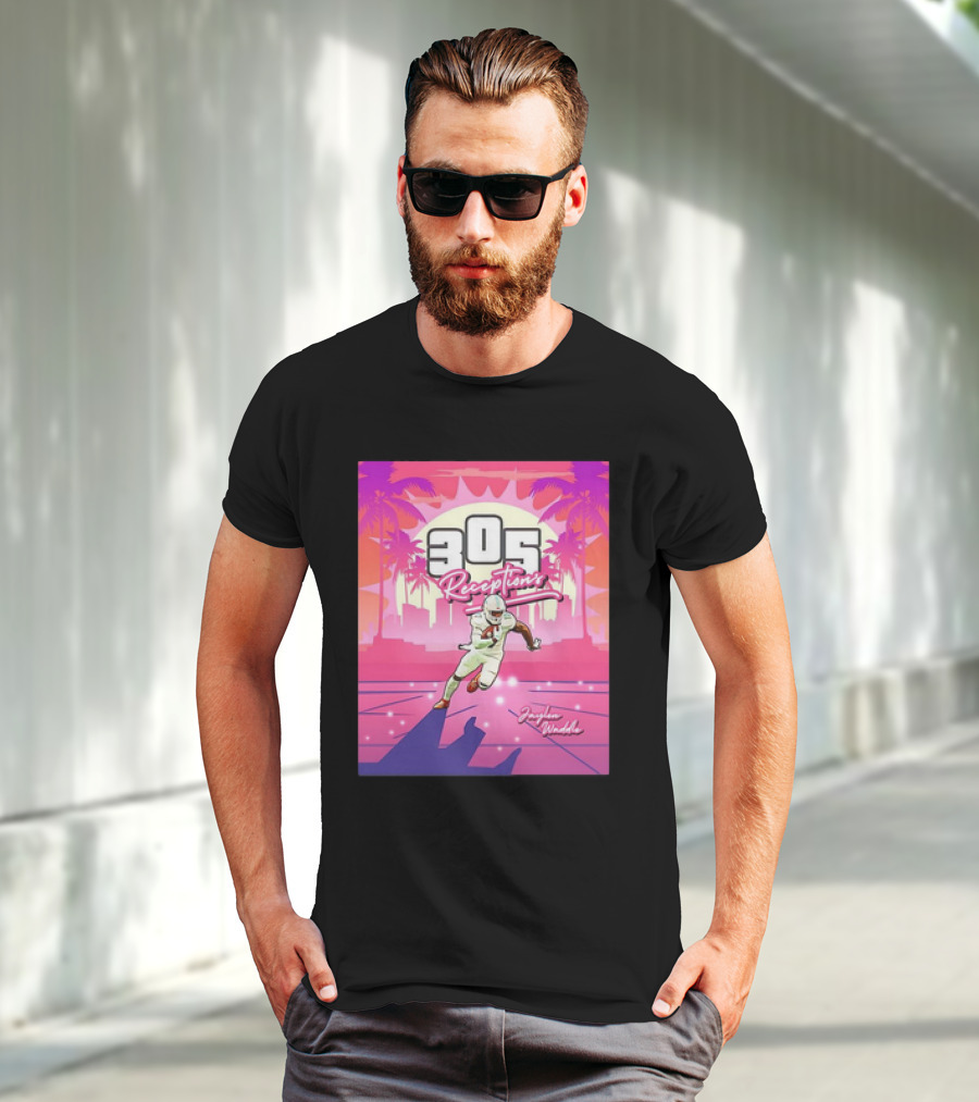 Jaylen Waddle 305 Receptions Miami Dolphins Tropical Sunset Scene T-Shirt