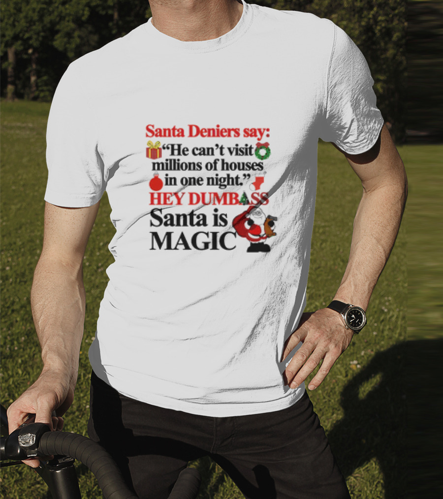 Santa Deniers Say He Can’t Visit Millions Of Houses In One Night Hey Dumbass Santa Is Magic T-Shirt