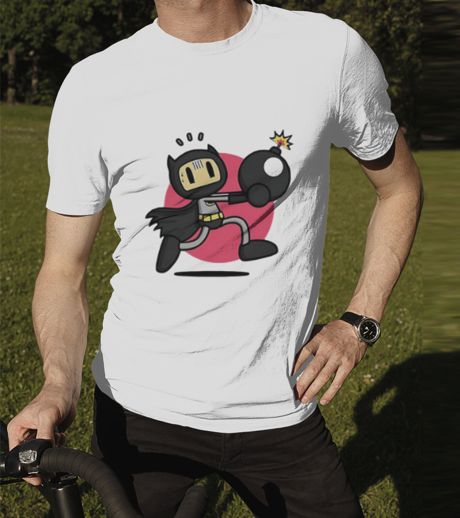 Batman Meets Bomberman Crossover With Iconic Superhero Cape And Explosive Action T-Shirt