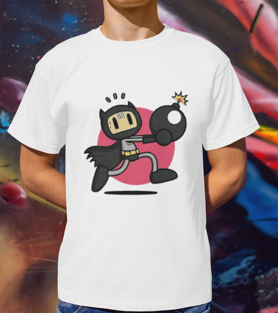 Batman Meets Bomberman Crossover With Iconic Superhero Cape And Explosive Action T-Shirt