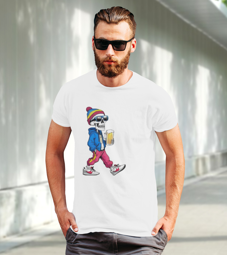 Skeleton Somewhere It's Beer Time Walking With A Mug T-Shirt