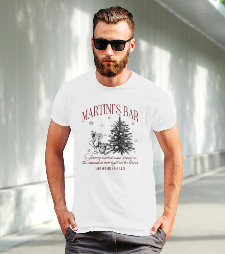 Martini's Bar Serving Mulled Wine Bedford Falls Christmas Tree T-Shirt