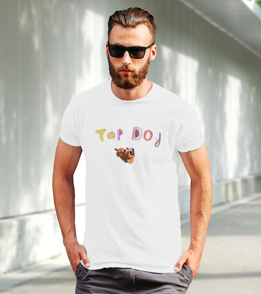 Top Dog Cartoon Character Playful Typography T-Shirt