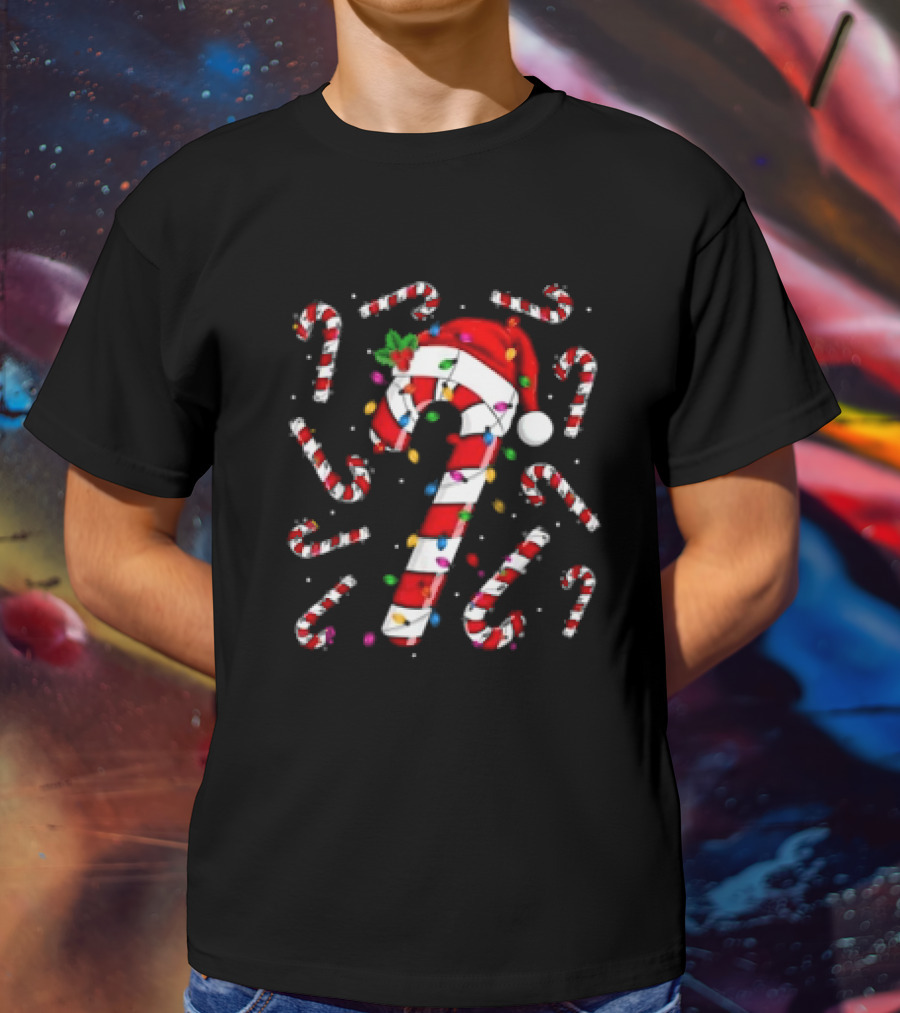 Santa Hat Red And White Candy Cane With Colorful Christmas Lights T-Shirt