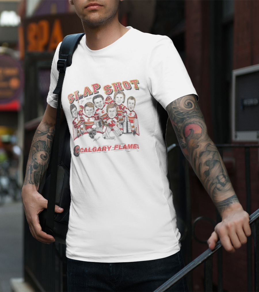 Calgary Flames NHL Hockey Team Slap Shot Caricature Vintage T-Shirt