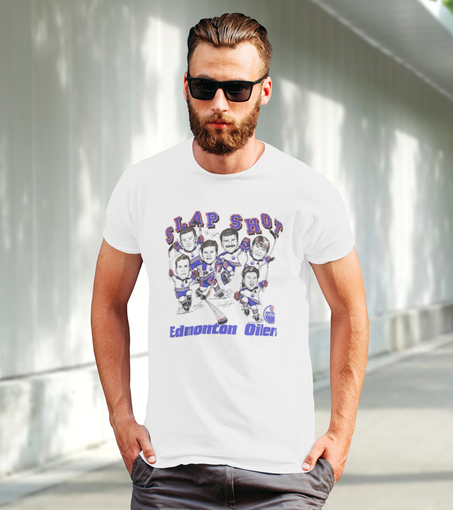 Edmonton Oilers Slap Shot NHL Hockey Team Caricature Vintage T-Shirt
