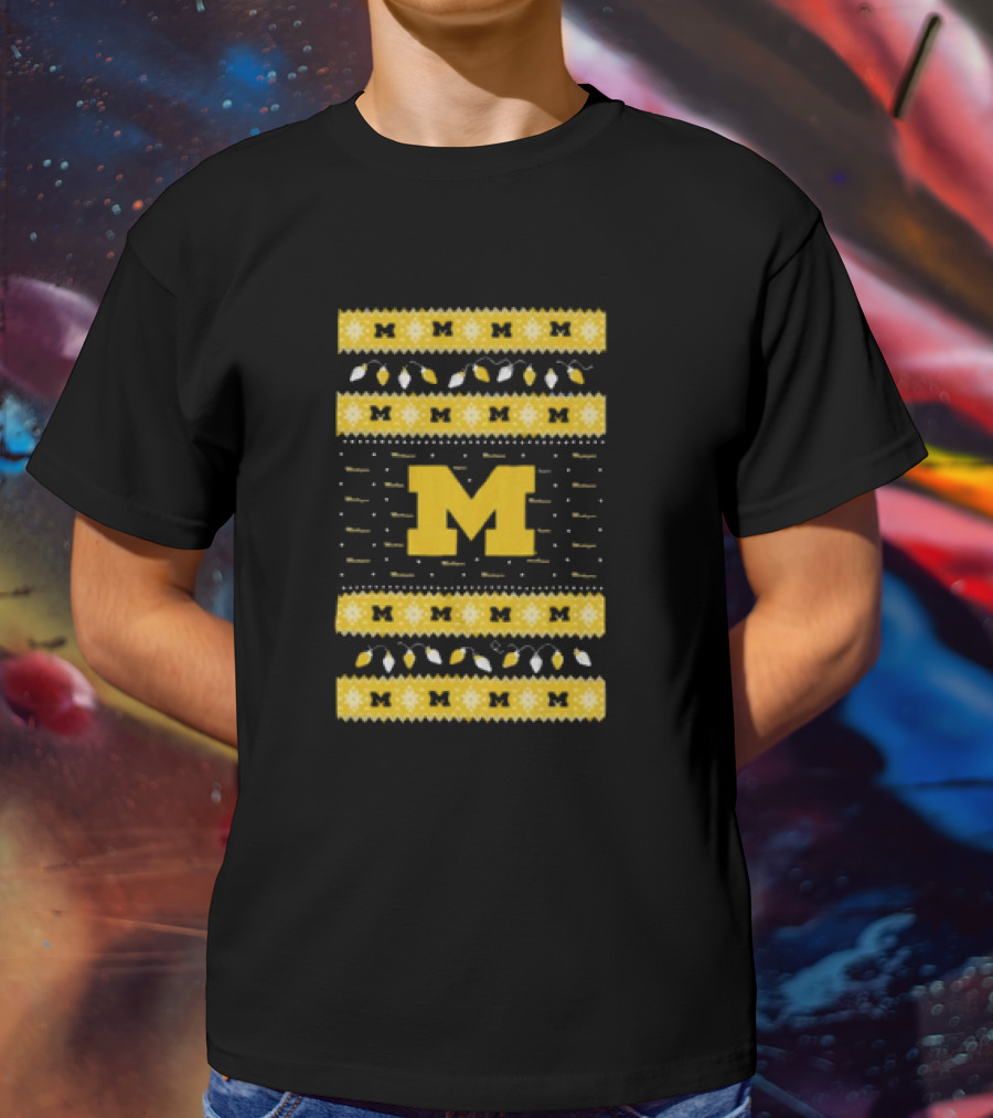 Michigan Wolverines Ugly Christmas Sweater Lights T-Shirt
