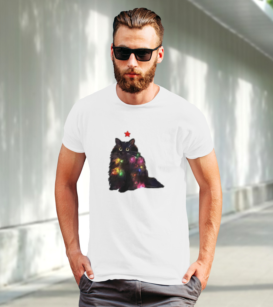 Black Cat Wrapped In Colorful Christmas Lights With Red Star T-Shirt