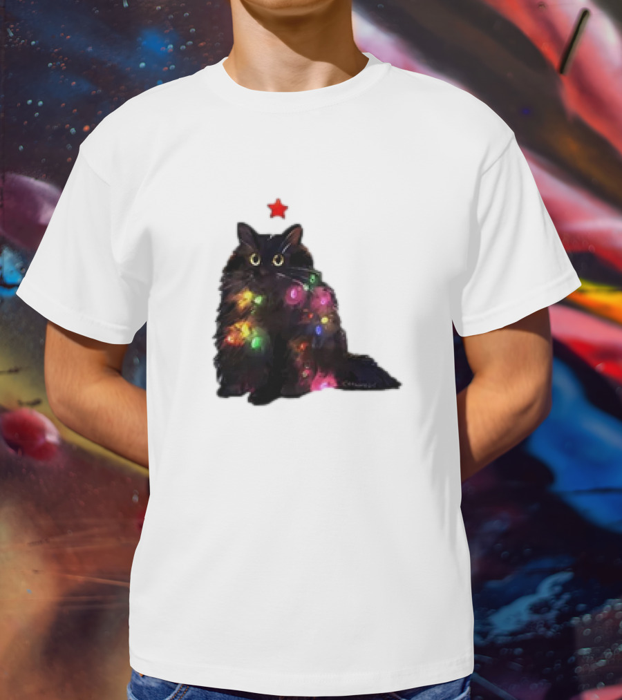 Black Cat Wrapped In Colorful Christmas Lights With Red Star T-Shirt