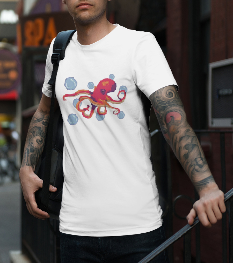 Octopus Swimming Through Blue Bubbles Pixel T-Shirt