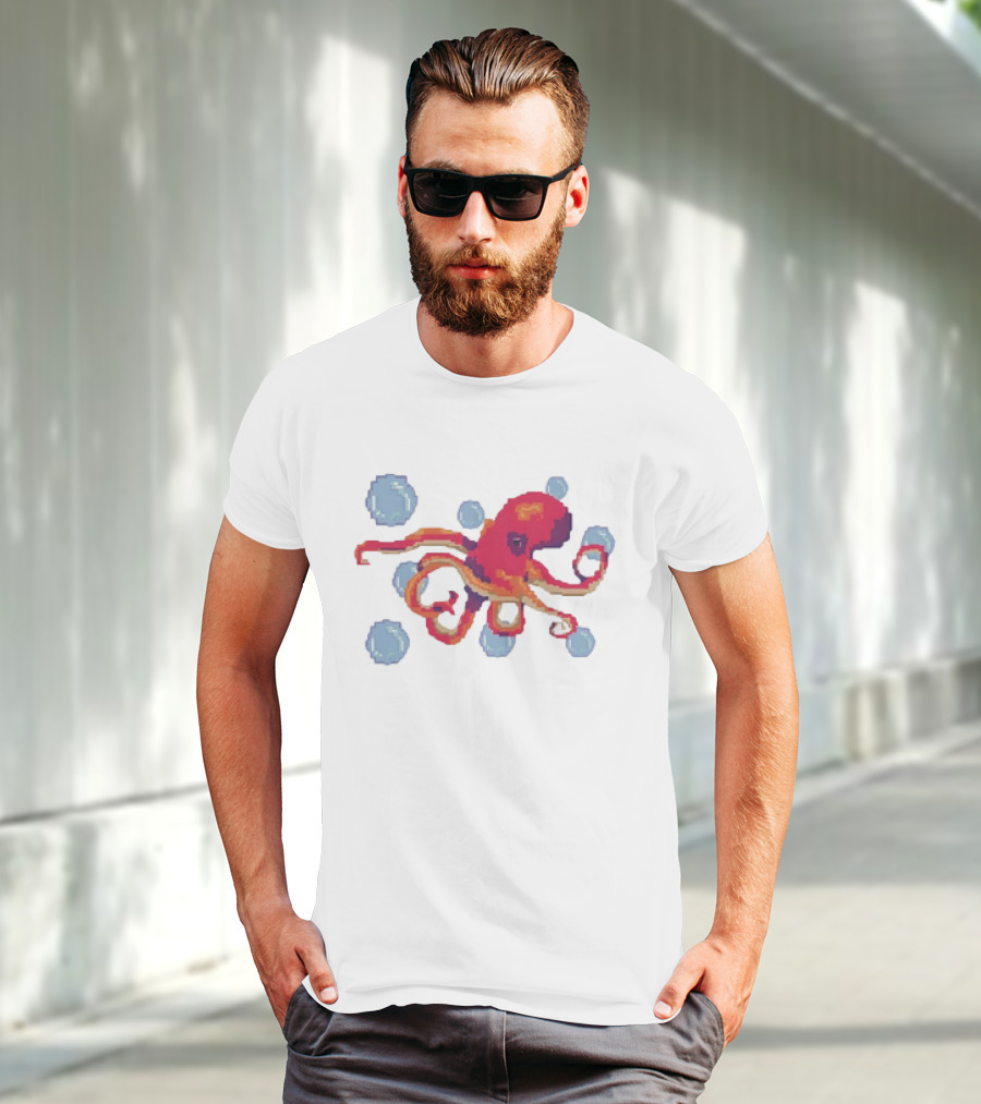 Octopus Swimming Through Blue Bubbles Pixel T-Shirt