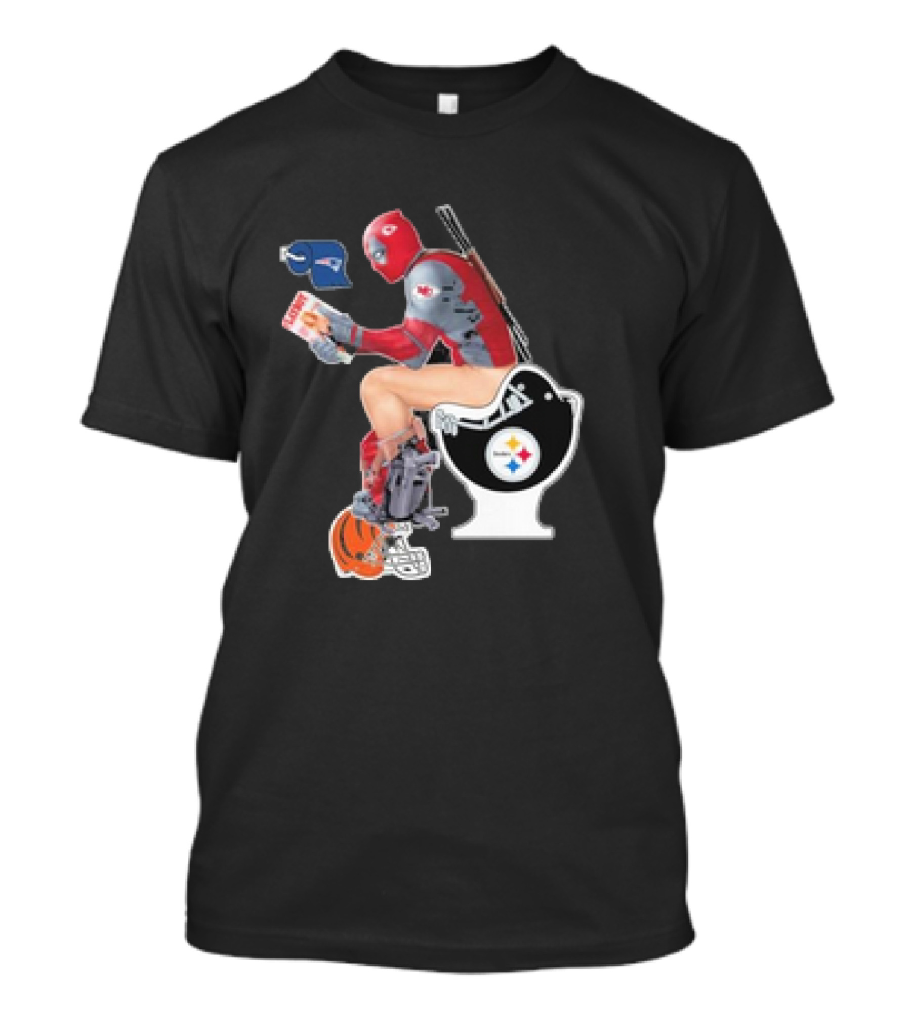 Deadpool On Toilet With Pittsburgh Steelers Bowl And Other NFL Team Helmets Including Kansas City Chiefs And New England Patriots T-Shirt