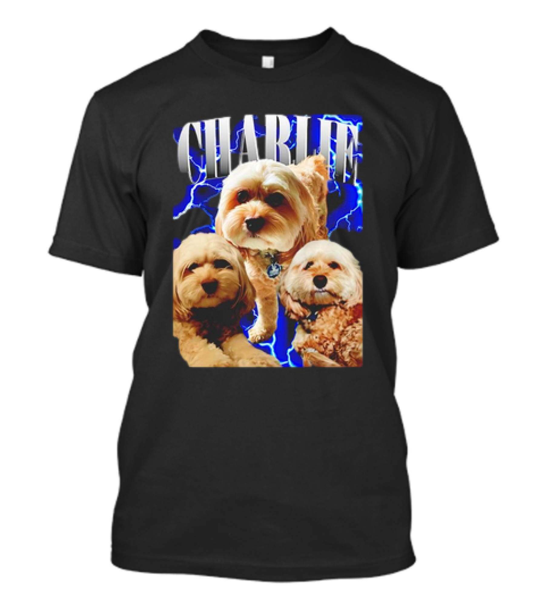 Charlie Three Dogs Blue Lightning Background T-Shirt