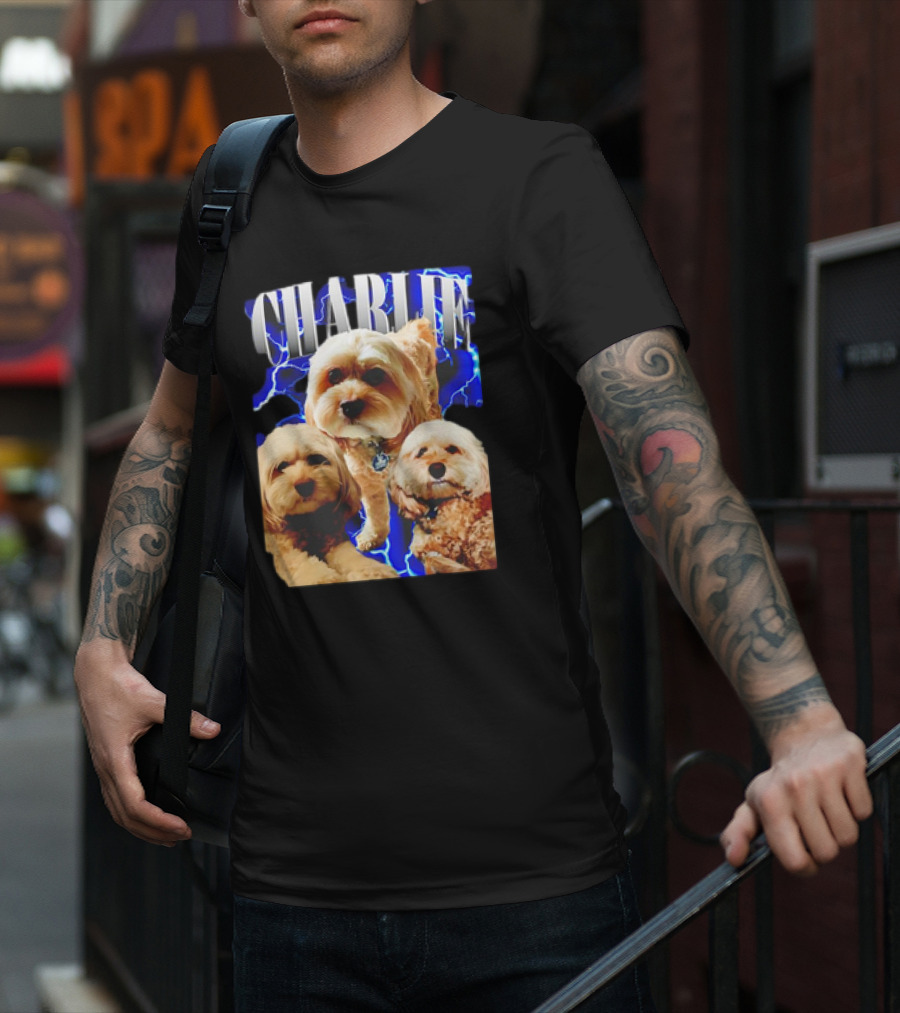 Charlie Three Dogs Blue Lightning Background T-Shirt