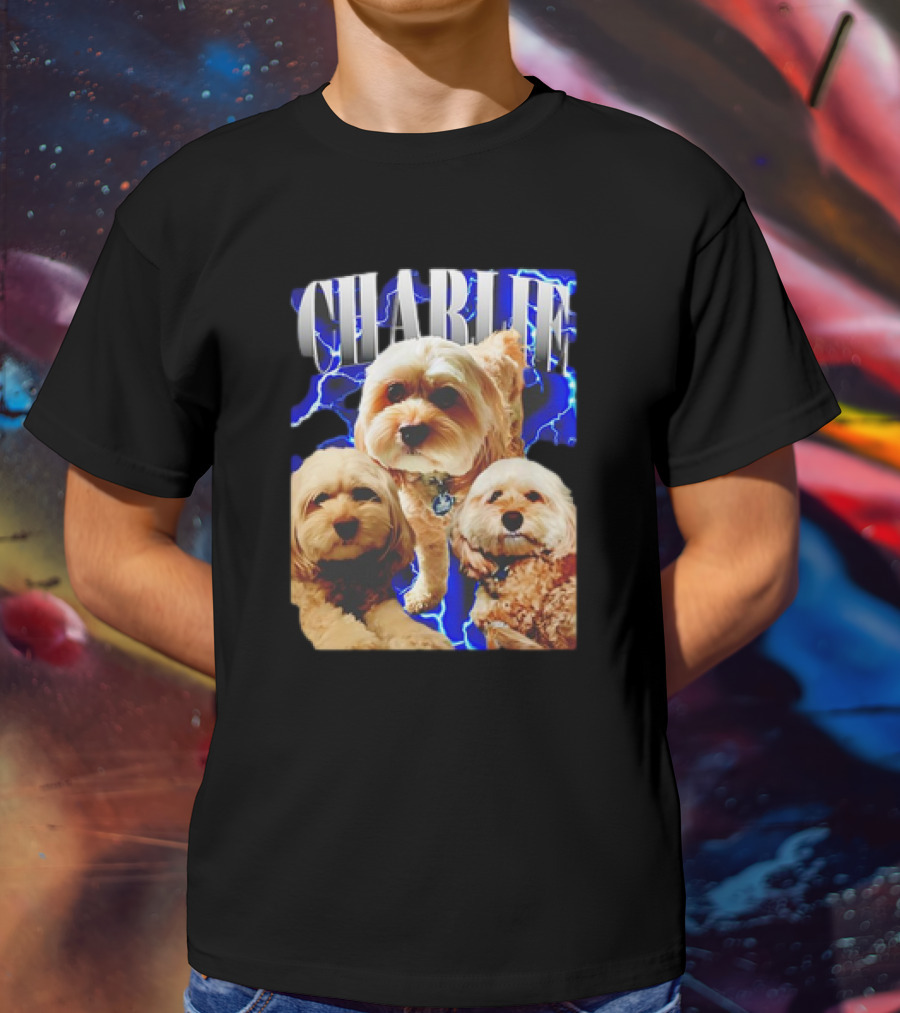 Charlie Three Dogs Blue Lightning Background T-Shirt
