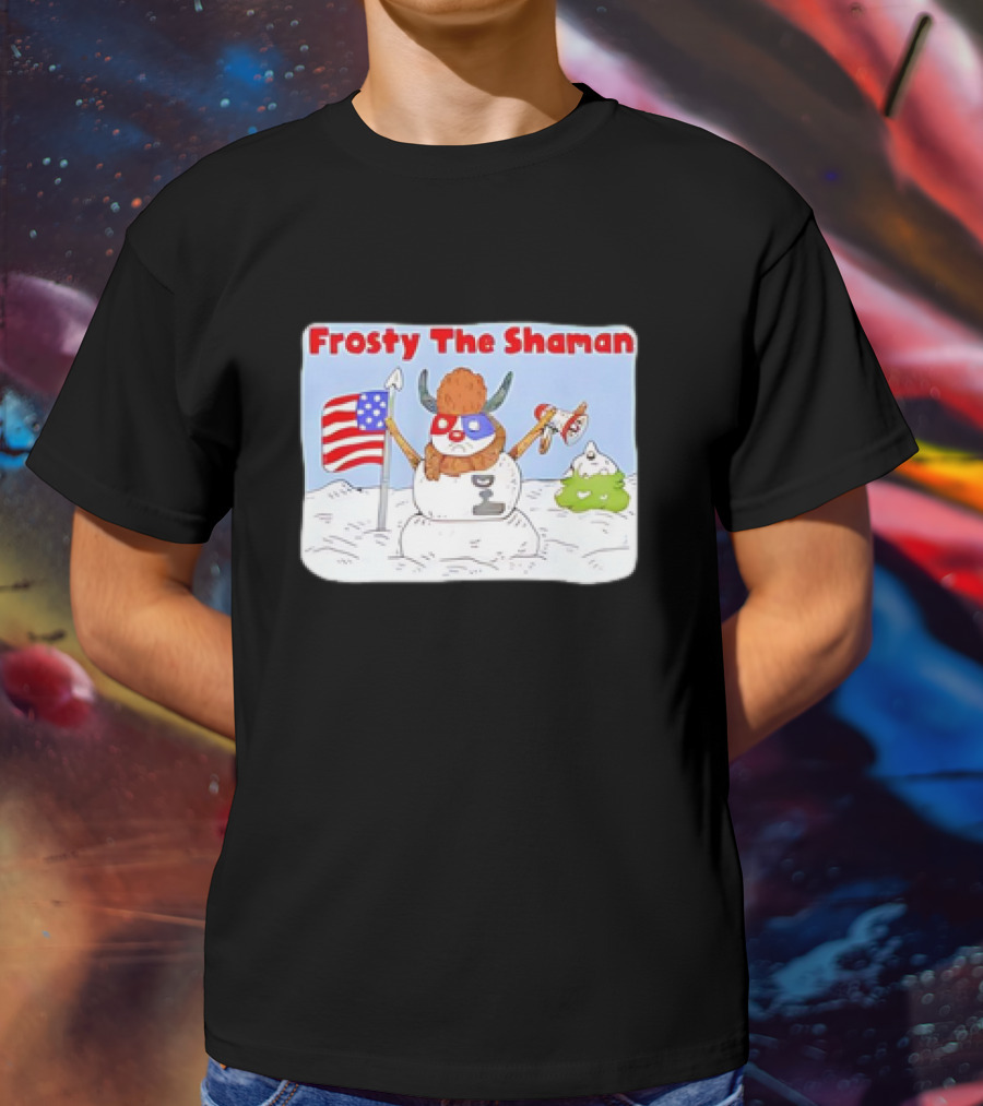 Frosty The Shaman USA Flag Viking Helmet Snowman T-Shirt