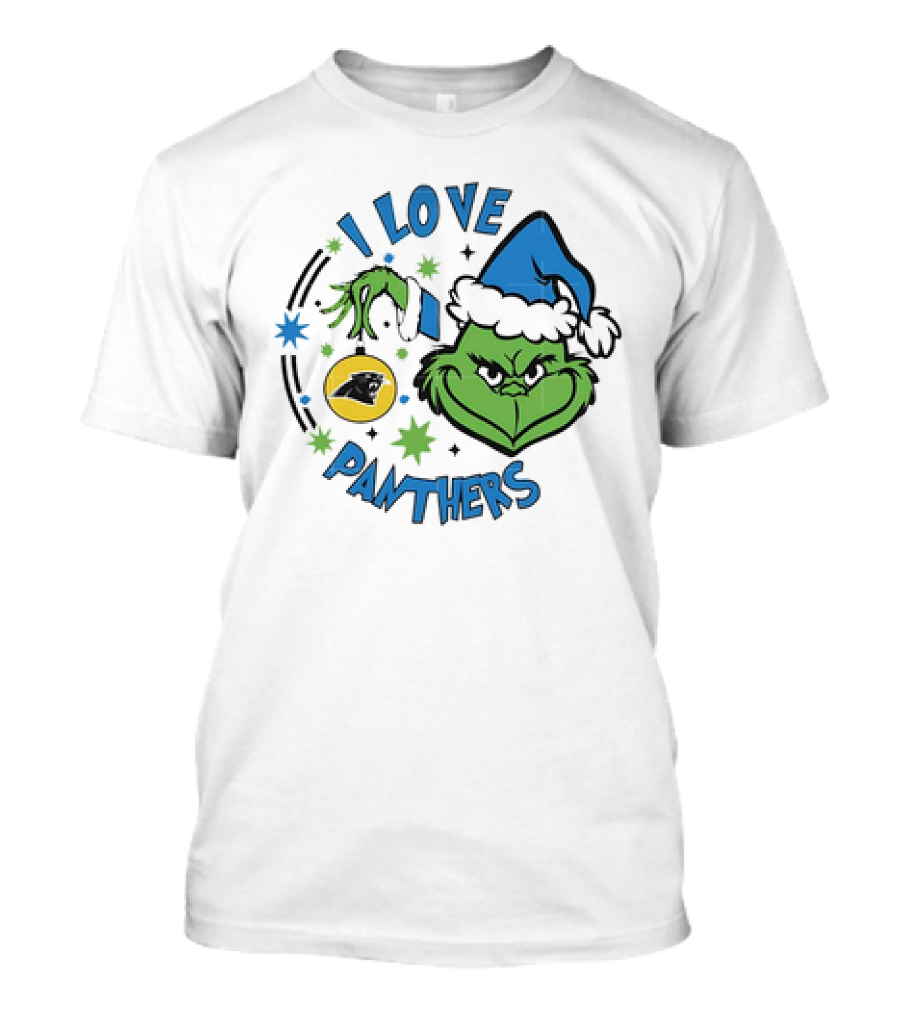 Carolina Panthers X Santa Grinch I Love Panthers Christmas Ornament Green Grinch Blue Santa Hat T-Shirt