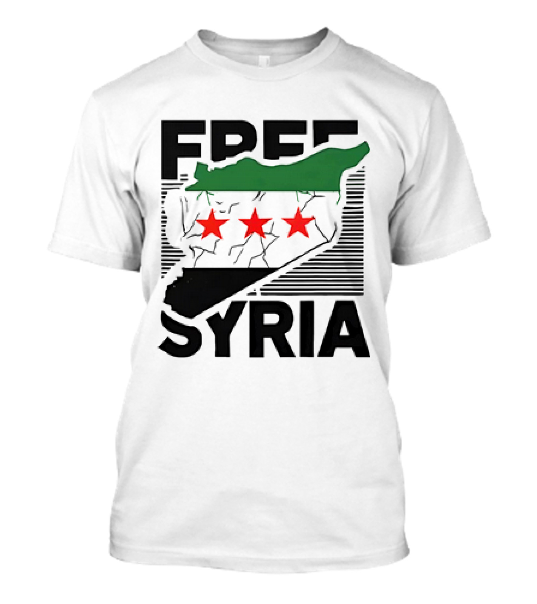 Free Syria Map With Flag Stripes And Red Stars T-Shirt
