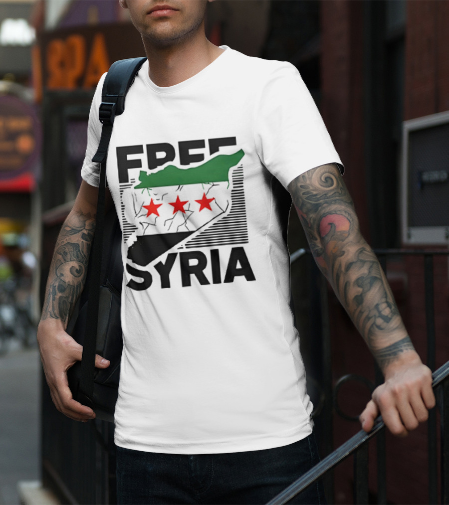 Free Syria Map With Flag Stripes And Red Stars T-Shirt