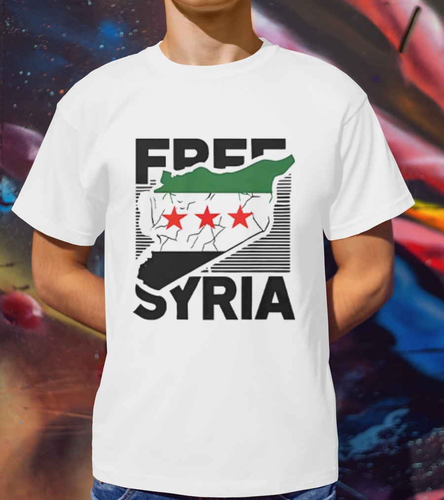 Free Syria Map With Flag Stripes And Red Stars T-Shirt