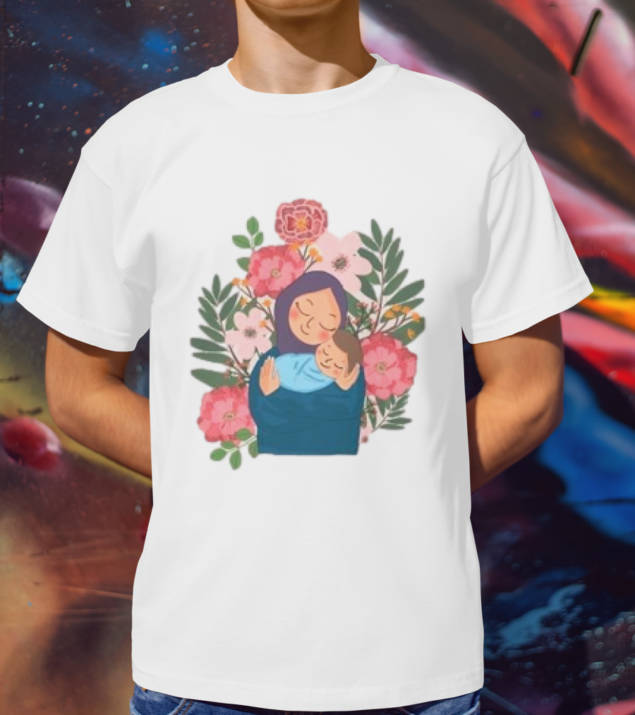 Mom And New Baby Boy Mother's Day Paint Floral Embrace T-Shirt