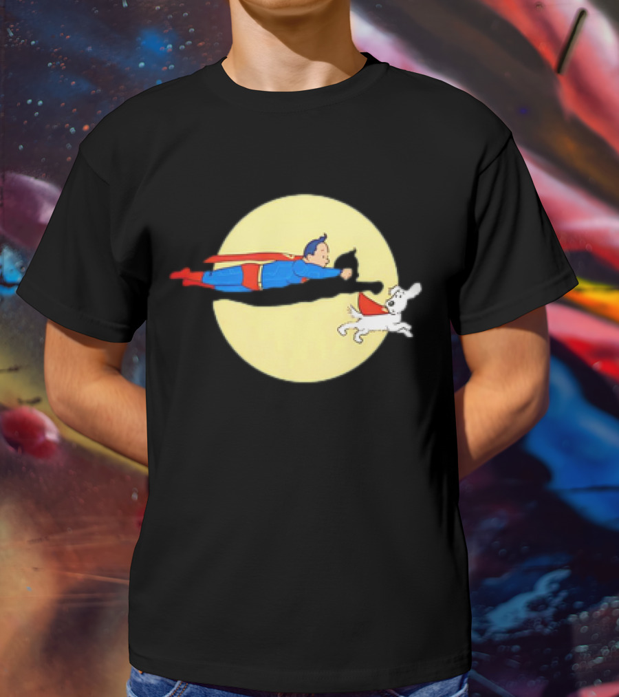 Superman And Krypto X The Adventures Of Tintin Super Tintin Flying Duo Moon Background T-Shirt