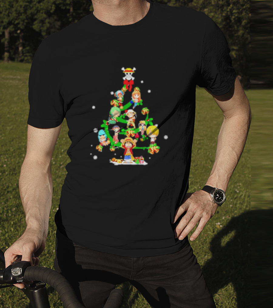 One Piece Chibi Characters Decorate Christmas Tree With Straw Hat Skull Topper T-Shirt