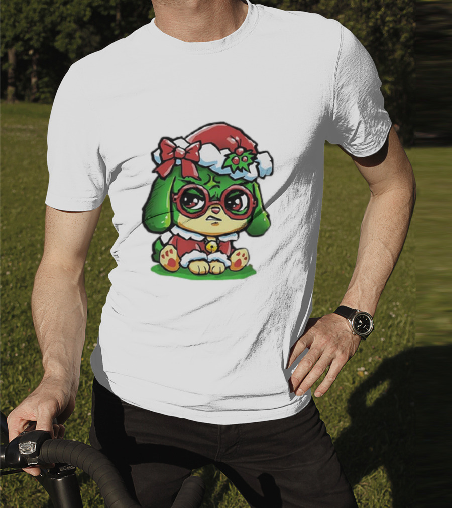 Grumpy Dog In Santa Hat With Holly And Bow For Christmas Holiday T-Shirt