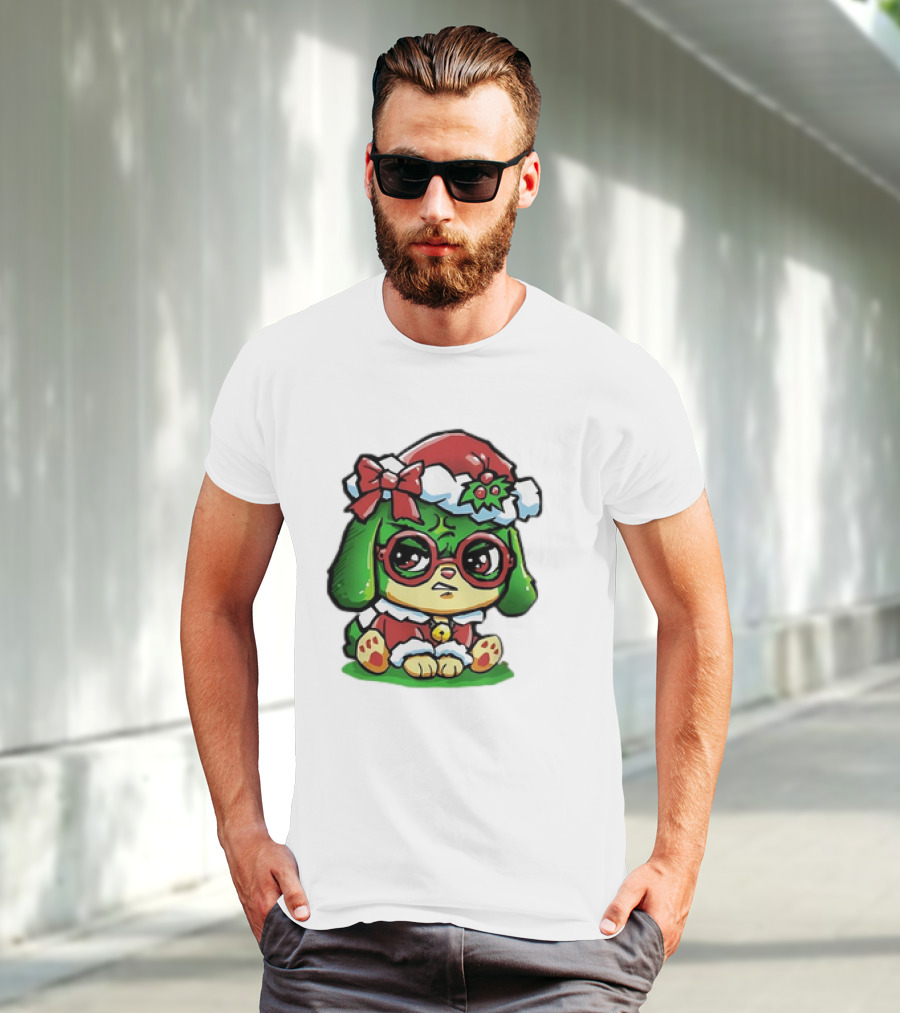 Grumpy Dog In Santa Hat With Holly And Bow For Christmas Holiday T-Shirt