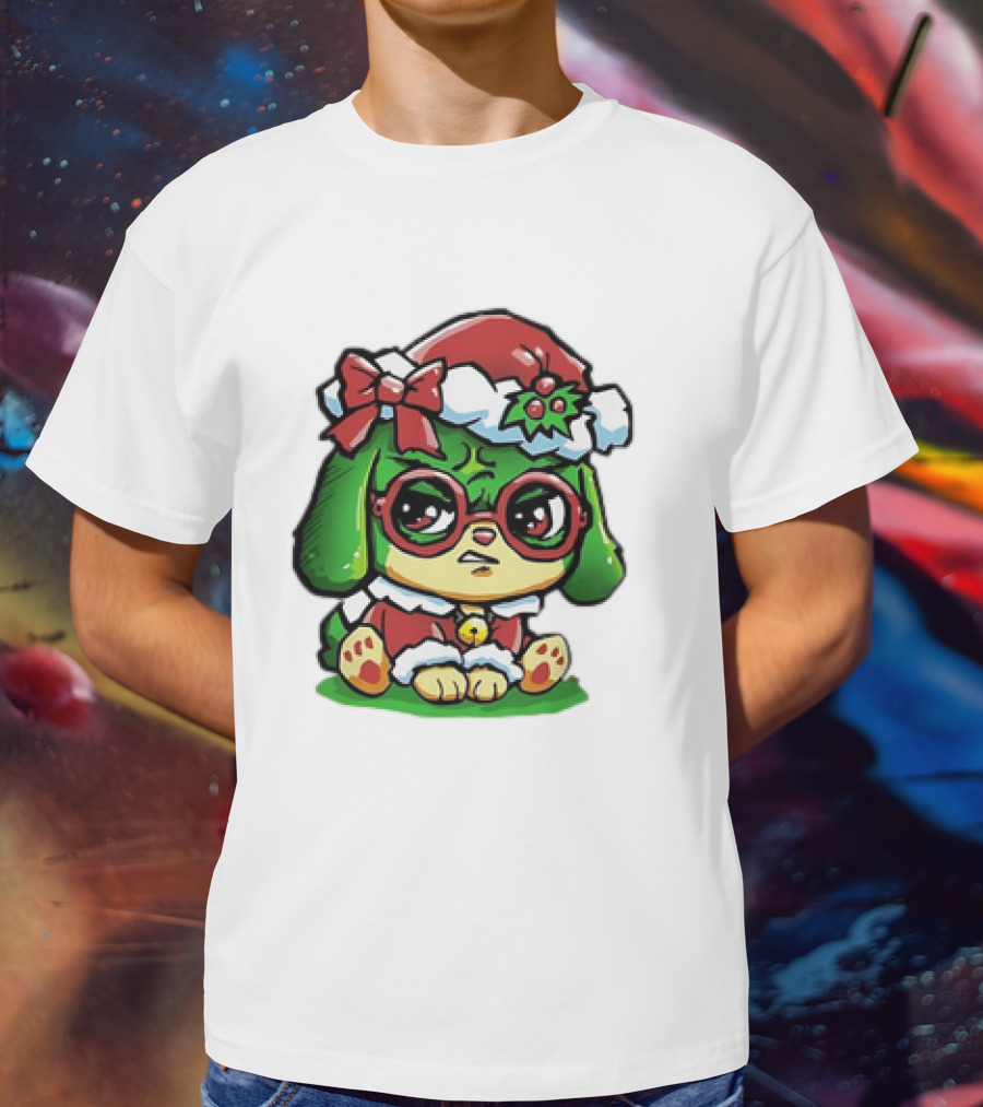 Grumpy Dog In Santa Hat With Holly And Bow For Christmas Holiday T-Shirt