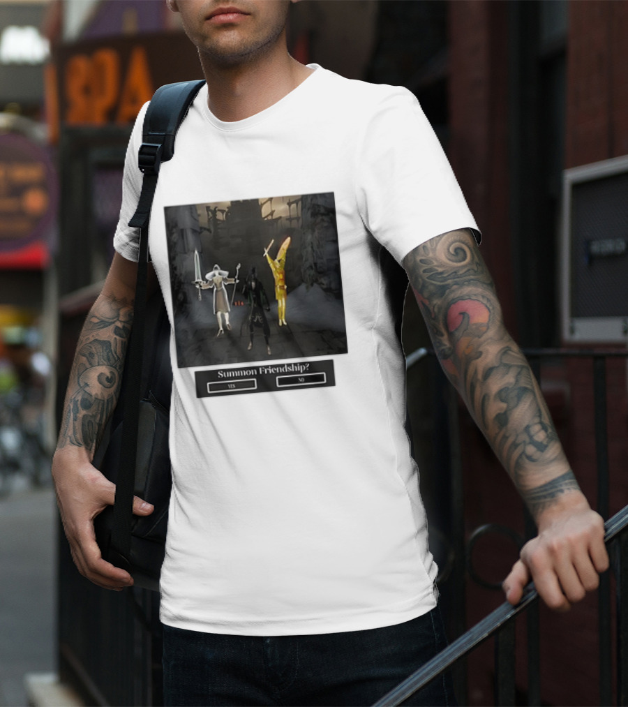 Summon Friendship? Yes No Characters With Swords And Wings T-Shirt