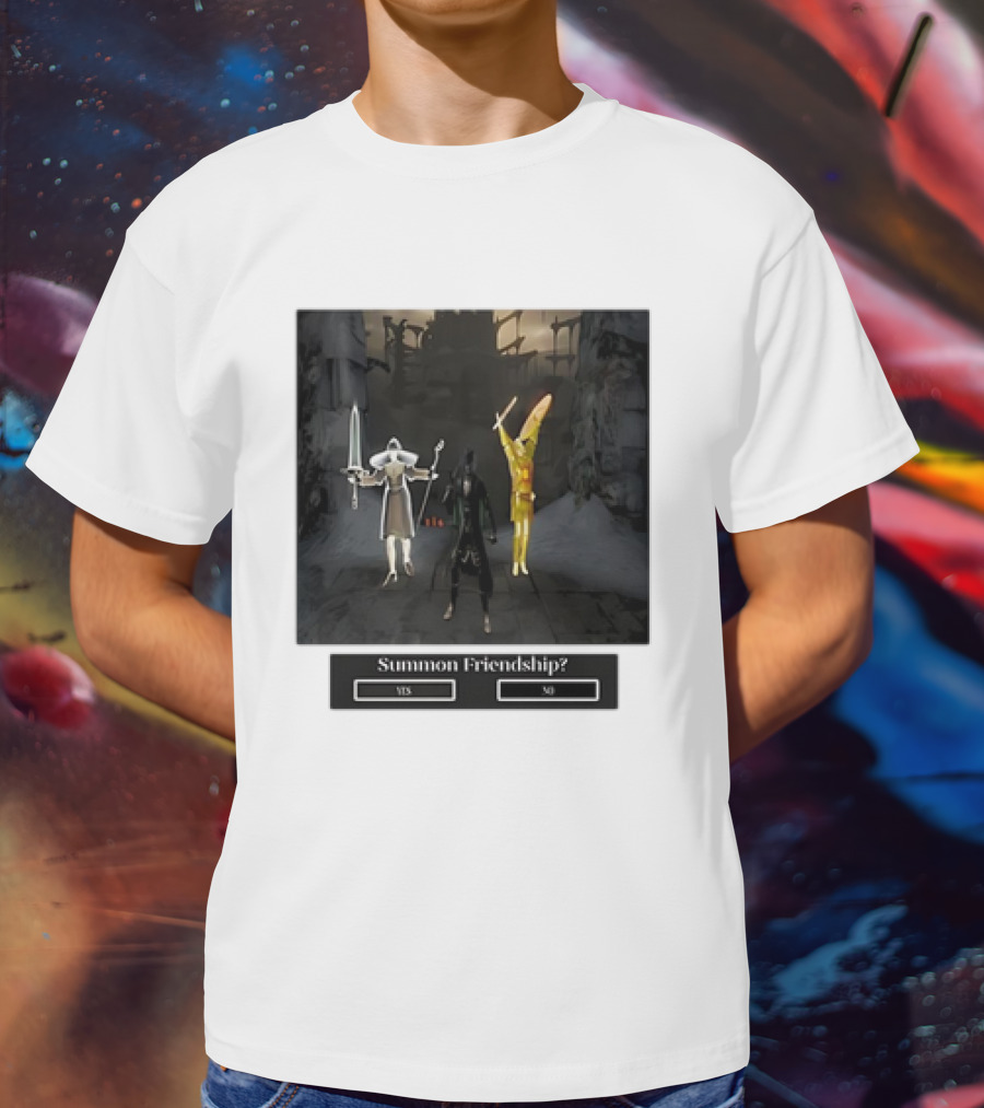 Summon Friendship? Yes No Characters With Swords And Wings T-Shirt