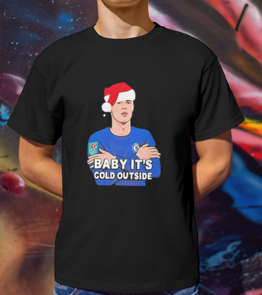 Baby It's Cold Outside Santa Hat Footballer In Blue T-Shirt