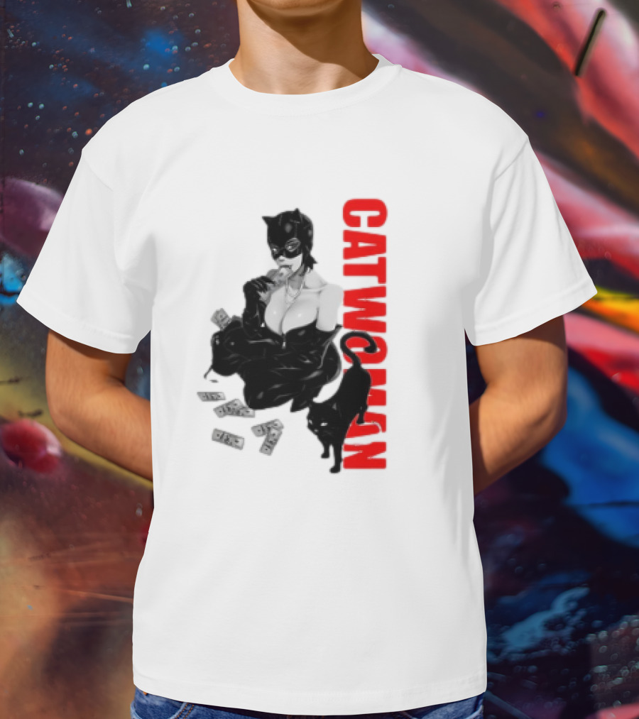 Catwoman Cartoon Noir With Money And Black Cat T-Shirt