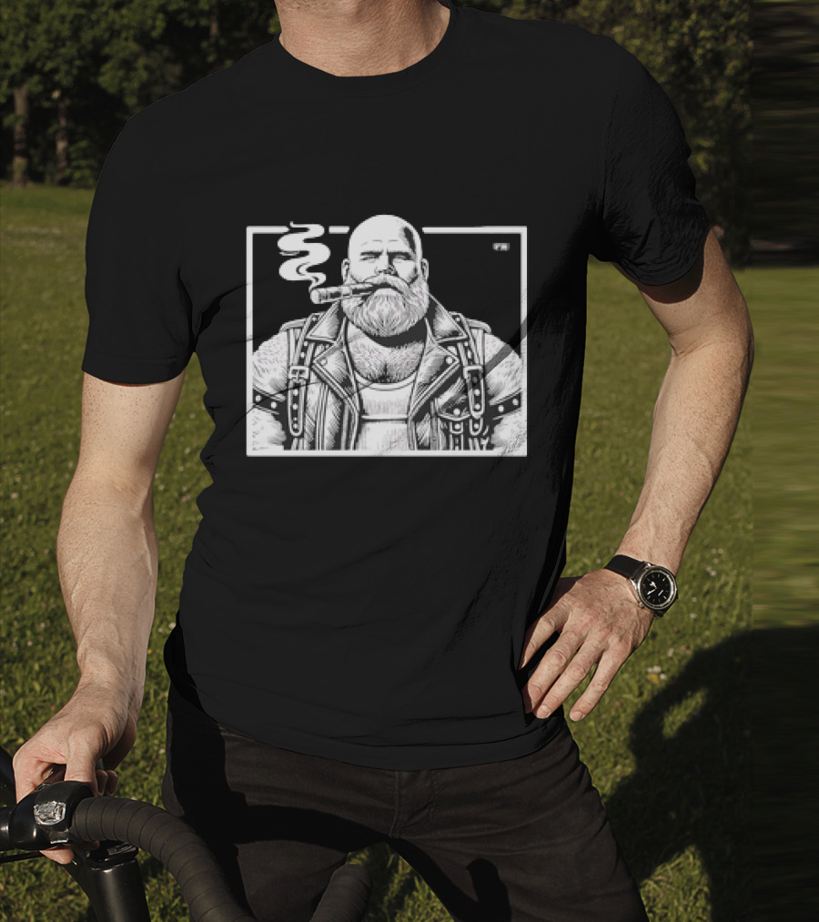 Cigar Daddy Bearded Biker In Leather Jacket T-Shirt
