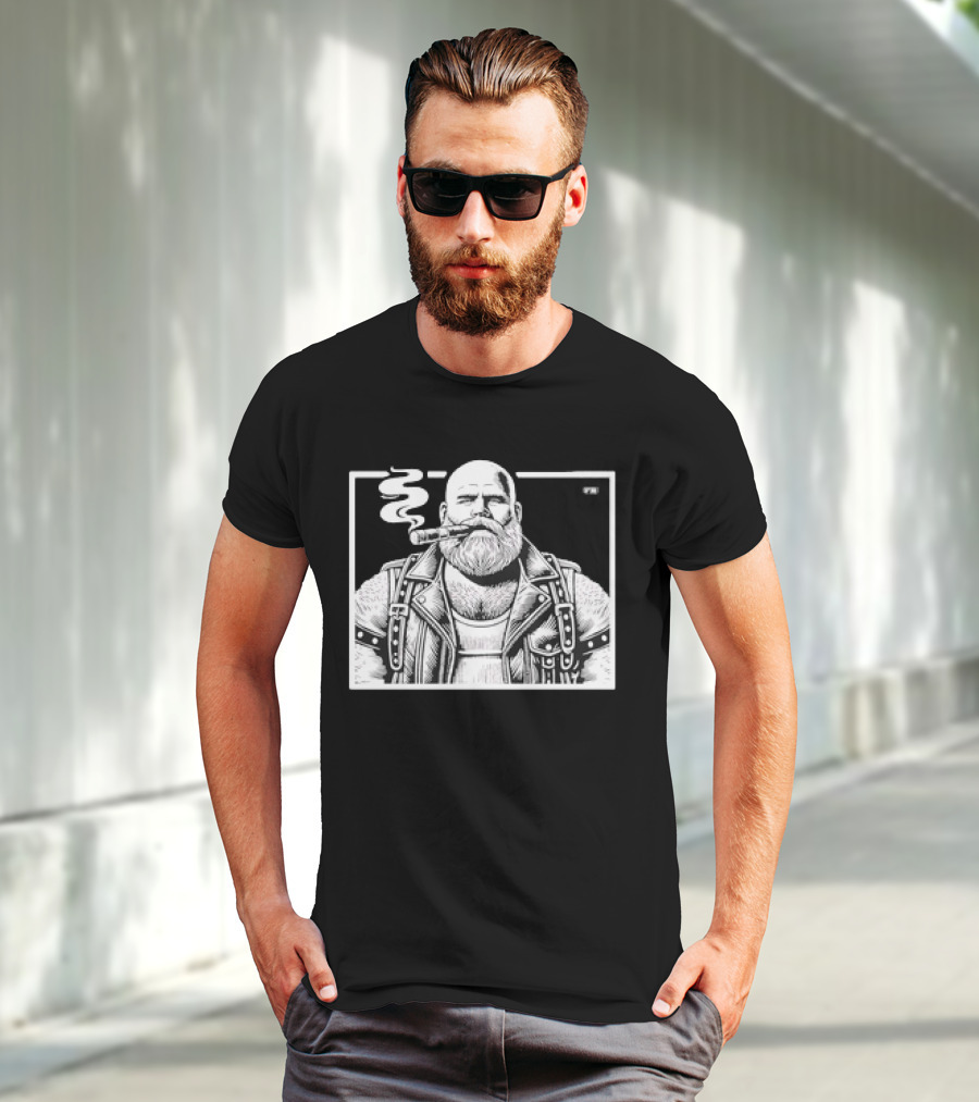 Cigar Daddy Bearded Biker In Leather Jacket T-Shirt
