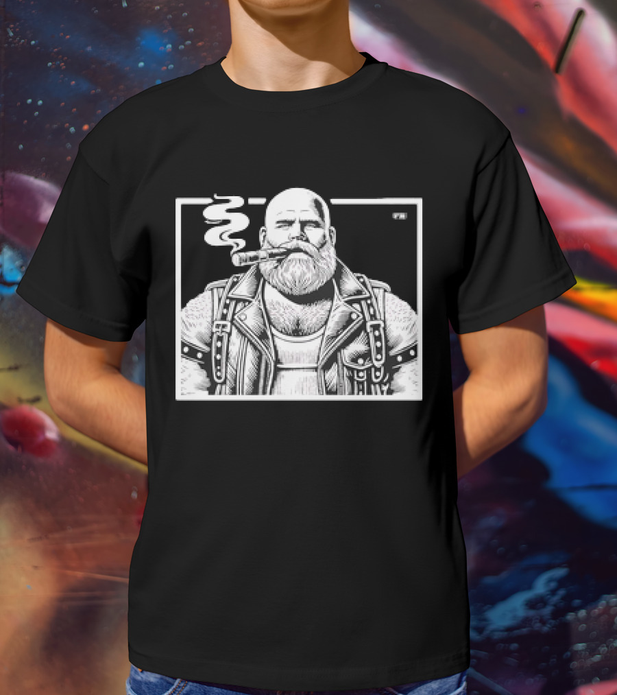 Cigar Daddy Bearded Biker In Leather Jacket T-Shirt