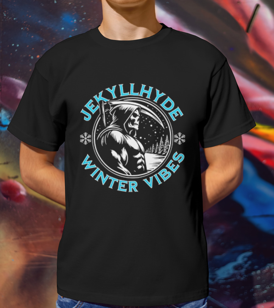 Jekyllhyde Winter Vibes Skeleton Hooded Figure Snowflakes Forest Scene T-Shirt