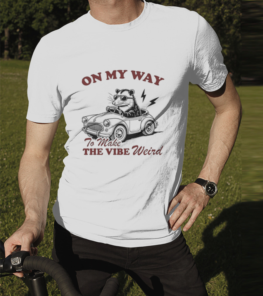 ON MY WAY TO MAKE THE VIBE WEIRD Opossum In Car With Sunglasses And Lightning Bolt T-Shirt