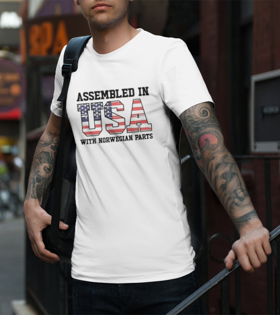 Assembled In USA Patriotic American Flag Design With Norwegian Parts T-Shirt