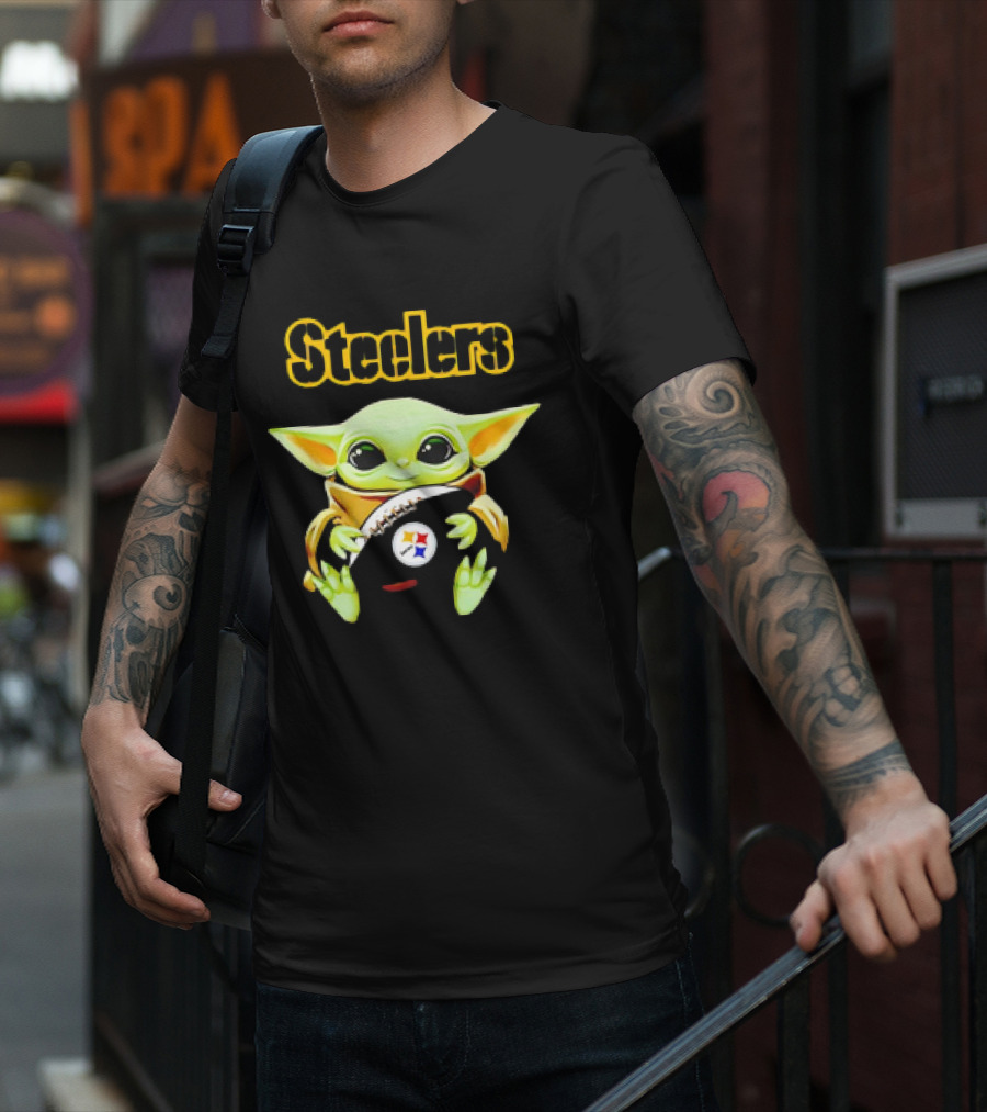Baby Yoda Hugging Pittsburgh Steelers Football T-Shirt