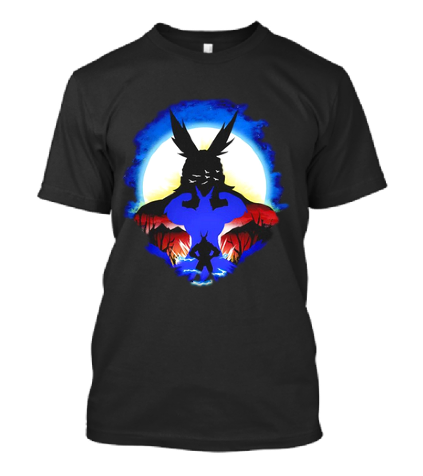 Midoriya And All Might Heroic Silhouettes In Vibrant Night Landscape T-Shirt