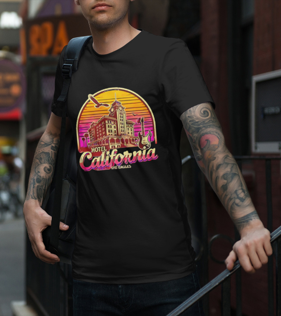 Hotel California The Eagles Sunset Art Deco Guitar And Seagulls T-Shirt