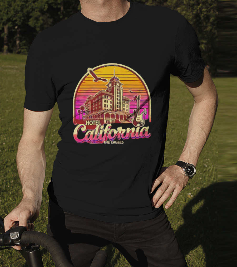 Hotel California The Eagles Sunset Art Deco Guitar And Seagulls T-Shirt
