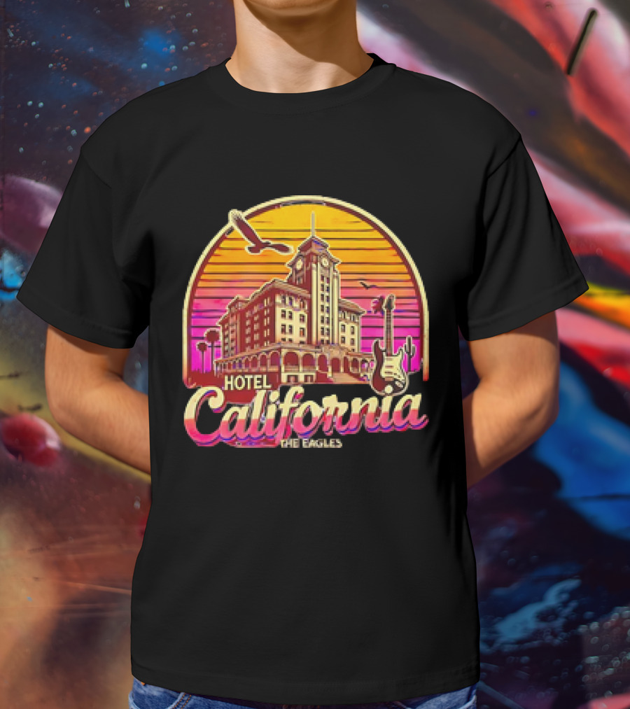 Hotel California The Eagles Sunset Art Deco Guitar And Seagulls T-Shirt