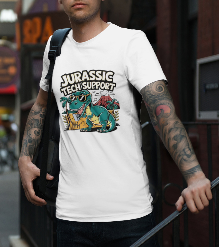 Jurassic Tech Support Dinosaur With Sunglasses And Volcano T-Shirt