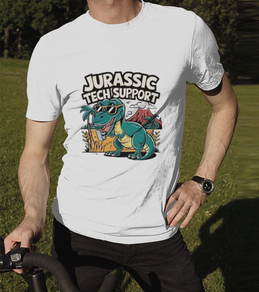 Jurassic Tech Support Dinosaur With Sunglasses And Volcano T-Shirt